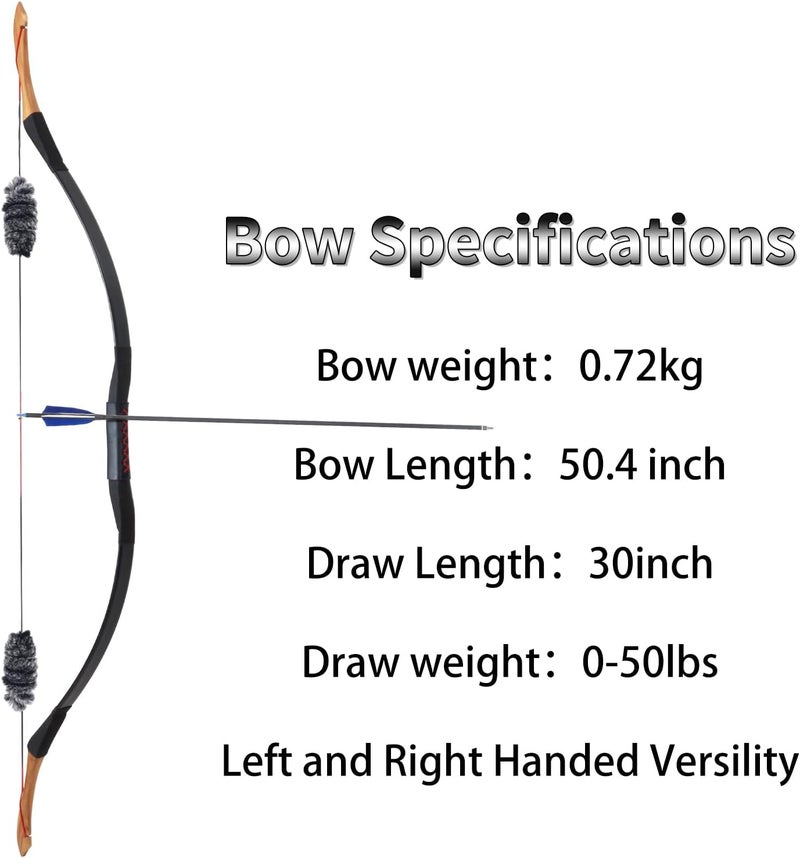 SP.G 50lbs One Piece Traditional Bow - 50" Handmade Wooden Bow Fast Precision Shooting Traditional Recurve Bow and Arrow Set for Adult & Archers Right Left Hand Archery Horse Long Bow - Image 2